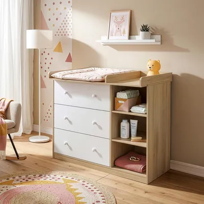 Obrázek produktu pro Přebalovací komoda „Beldinupp“ s odnímatelnou přebalovací deskou, 93 x 110 x 55 cm, vzhled dubu / bílá