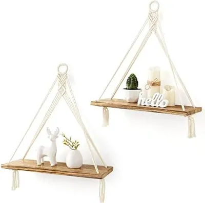 Produktbild von Mkono Makramee Wandregal Holz Regal Boho Deko Hängeregal Baumwollseil Handgewebte Schweberegal Balkon Badezimmer Wohnzimmer Schlafzimmer Kinderzimmer, 2er Set