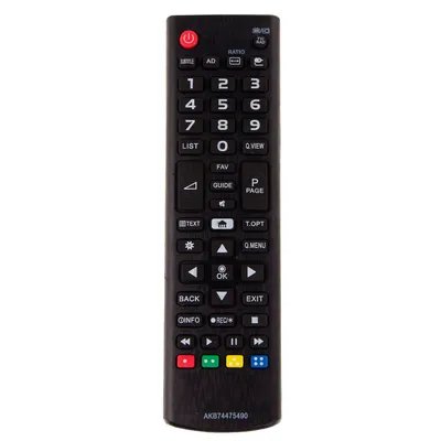 A black remote control with various buttons is shown against a white background.