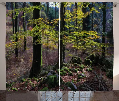 Produktbild von ABAKUHAUS Wald Rustikaler Vorhang, Bäume Herbst Wildnis, Wohnzimmer Universalband Gardinen mit Schlaufen und Haken, 280 x 260 cm, Hellrosa Grün