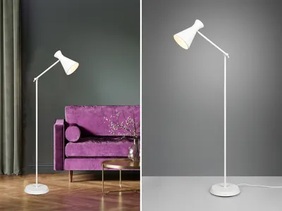 Produktbild von Kleine LED Bauhaus Stehleuchte mit Gelenkarm & Fußschalter in Weiß, Höhe 150cm