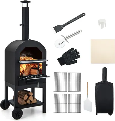 Produktbild von GOPLUS 2 in 1 Pizzaofen outdoor, Gartenofen mit Pizzaschieber Pizzastein Grillroste Thermometer & wasserdichte Abdeckung, mobiler Holzofen Garten mit Griff, Rädern für Party Camping Picknick BBQ