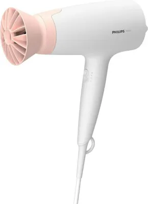 A white Philips hair dryer with a pink accent on the nozzle, shown against a white background.