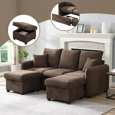 Produktbild von okwish  Ecksofa mit Staufunktion,U-Form-Dreisitzer Polster-Sofa mit Schlaffunktion,Abnehmbares Sofa mit Schubladen + Hocker mit Staufach,Braun