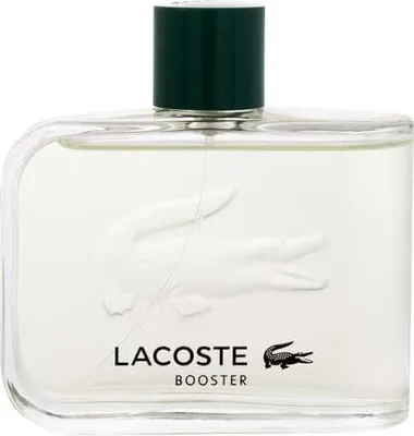 A clear, front-facing studio shot of a Lacoste Booster Eau de Toilette spray bottle.