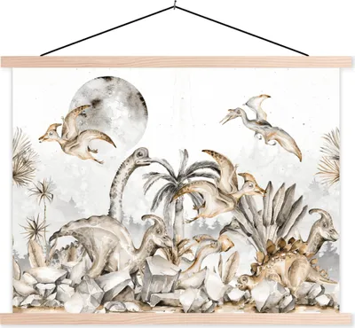 Produktbild von MuchoWow® Textilposter Dino - Dschungel - Natur - Tiere - Kinder - Kinder 60x45 cm mit holzfarbenen Rahmen - Bild