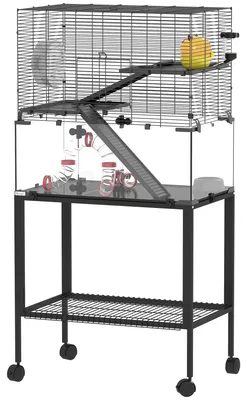 Obrázok produktu pre Klietka pre škrečka s 3 poschodiami, kolieskom a príslušenstvom | Farba: Čierna | Rozmery: 49x77x130,5 cm