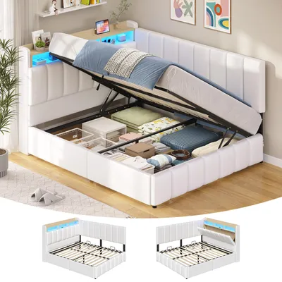 Produktbild von AODEMOKO Jugendbett mit LED Beleuchtung, Polsterbett mit Ladestation, Bettgestell mit Bettkasten für Schlafzimmer, Gästezimmer, 140 x 190cm, Polyurethan Weiß