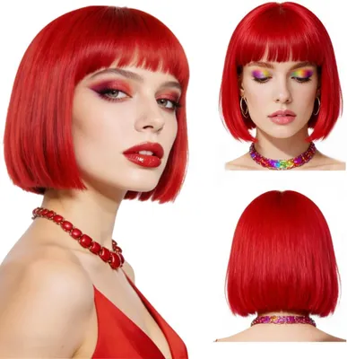 Obrázok produktu pre Bob parochňa červená, 30 cm, syntetický vlas, s ofinou, pre karneval