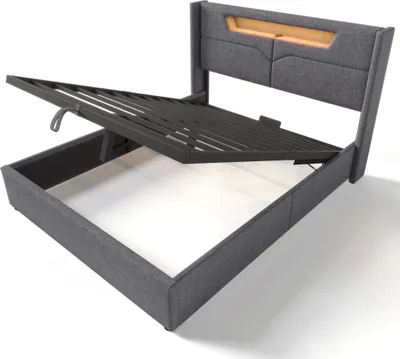 Produktbild von MODFU Boxspringbett Hydraulisches 140 x 200 cm mit LED-Beleuchtung, Polsterbett Funktionelles mit USB-Ladeanschluss, Doppelbett Stauraumbett mit Bettkasten Stauraum, Leinenmaterial Grau(Ohne Matratze)