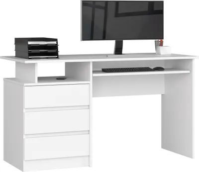 A white desk with a computer monitor, keyboard, and drawers.