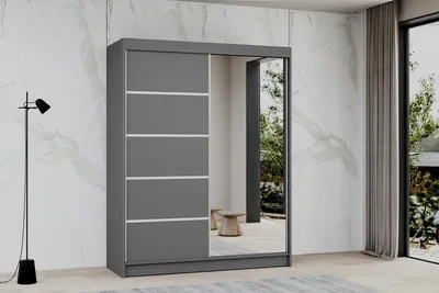 Produktbild von Krudox Kleiderschrank Schiebetür Grau 100 cm mit Spiegel Schlafzimmer Mehrzweckschrank mit Kleiderstange