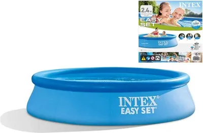 A product image showing an inflatable pool and its packaging with marketing information.