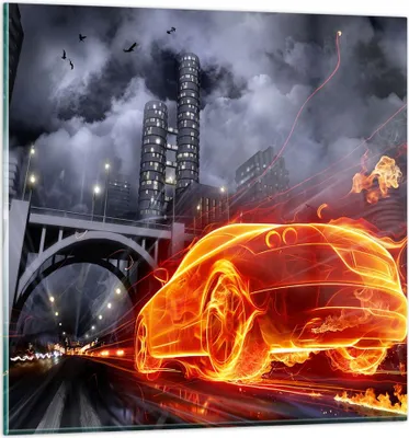 Produktbild von Bilder auf glas - Auto Flammen Räder - 60x60cm - Glasbilder - Wandbilder - Kunstdruck - zum Aufhängen bereit - Wanddekoration aus Glas - Glas Bilder - Wandbild auf Glas - Einteilig - GAC60x60-0209