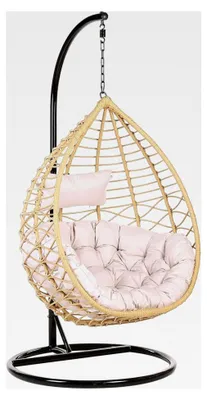 Produktbild von Hängekorbsessel aus Rattan mit schwarzem Gestell und beigem Kissen