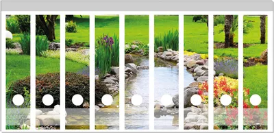 Produktbild von Wallario Ordnerrücken Sticker, selbstklebend für breite Ordner, 9 Stück, Motiv Blumen am Teich