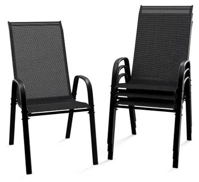 Produktbild von Stapelbare Gartenstühle 4er Set, Outdoor-Essstühle, Wetterfeste Stapelstühle mit Atmungsaktivem Textilene, Robustes Metallgestell, für Balkon, Terrasse und Garten, bis 180 kg, Schwarz