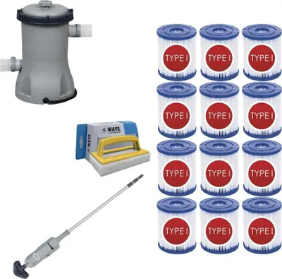 Zdjęcie produktu dla WAYS - Pielęgnacja basenu - Odkurzacz basenowy i pompa filtrująca 2006 l/h i 12 filtrów typu II oraz szczotka szorująca WAYS
