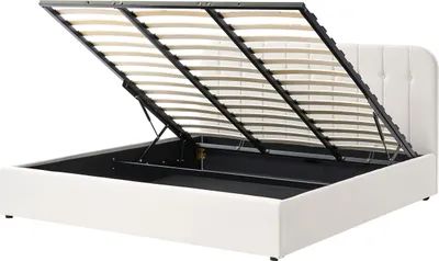 Produktbild von BELIANI Bett Cremeweiß Stoff Gesteppt mit Lattenrost 180 x 200 cm Hochklappbar Bettkasten Stauraum Hohes Kopfteil Modern Schlafzimmer Polsterbett
