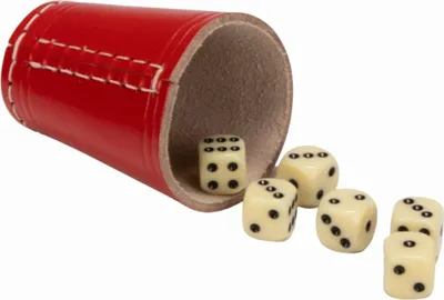 Produktbild von Würfelbecher rot (echt Leder) Standard (9 cm) mit 6 Würfeln 5903