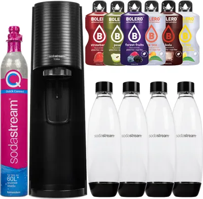 Produktbild von SodaStream Wassersprudler Terra Black Sättigungsbecher + 2 Flaschen + Doppelpack 1L Fuse-Flaschen