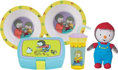 Produktbild von Geschirrset – FUN HOUSE – T'CHOUPI – 2 Suppenteller (16 cm), Snackbox, Trinkflasche und Plüschtier (18 cm)