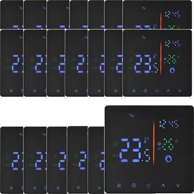 A collection of digital thermostats displayed on a black background.