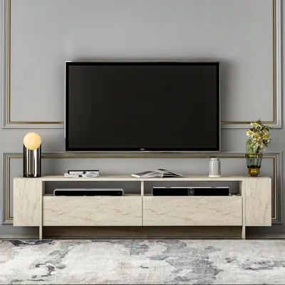 Image de Meuble TV bas HOMIDEA Angel, design moderne, 192,8 x 45 x 35 cm (travertin)
