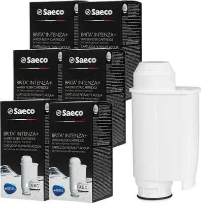 A collection of Saeco Intenza+ water filter cartridges in their original packaging, with one filter shown outside its box.