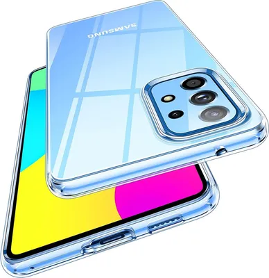 A clear phone case is shown with a colorful background, highlighting the phone inside.