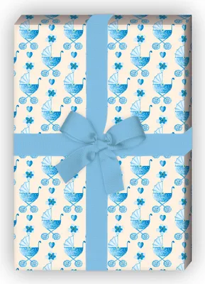 Produktbild von Süßes gemaltes Baby Geschenkpapier mit Kinderwagen, blau - G11490, 32 x 48cm