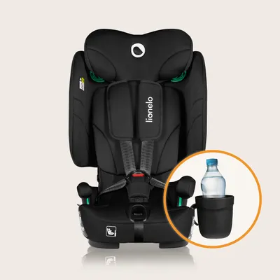 A black child car seat is shown against a light beige background. A circular inset highlights a cup holder with a water bottle in it.