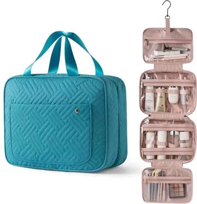 Obrázek produktu pro Ultiluxe toaletní taška s háčkem - Organizér na kosmetiku - Ideální na cesty - Velká taška na make-up - Voděodolná - Velikost XL - Modrá/Zlatá