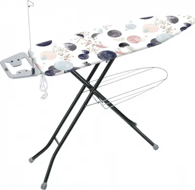 An ironing board with a patterned cover is shown against a white background.