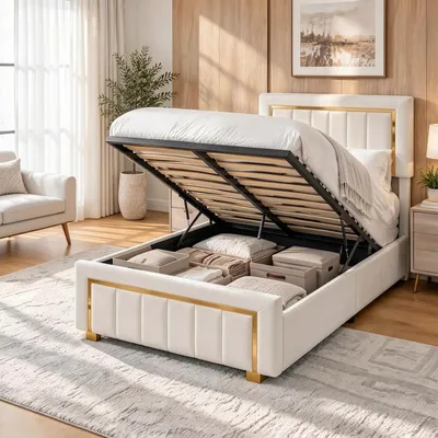Productafbeelding van INONEFT Boxspringbed, gestoffeerd bed 90x200 cm met opbergruimte, bed met opbergruimte, enkelbed met bedkist, hydraulisch bedframe met lattenbodem, fluweel, beige