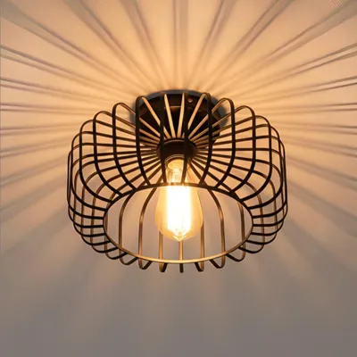 A black metal cage-style ceiling light fixture with an exposed Edison bulb, casting dramatic shadows on a white ceiling.