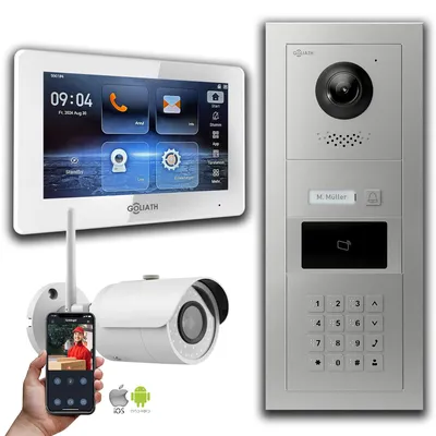 Produktbild von Goliath 2-Draht Video Türklingel: 7-Zoll 1 Monitor, RFID, Zahlencode, Silber, Wifi-Kamera  : Aufputzdose : 7 Zoll in Weiß Farbe: 7 Zoll in Weiß Montage: Aufputzdose