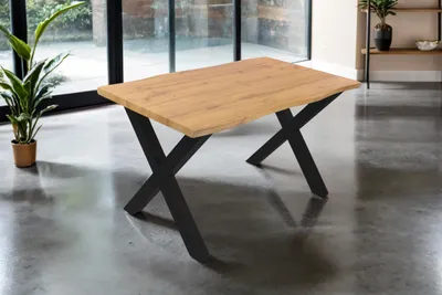 Produktbild von Esstisch Josy | 140 x 80 cm | Holz Wildeiche-Optik | X-Gestell Metall schwarz | 40 mm Tischplatte mit Baumkante | Tisch für Esszimmer & Küche