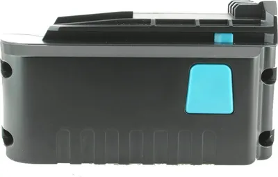 A side view of a black power tool battery with a blue button.
