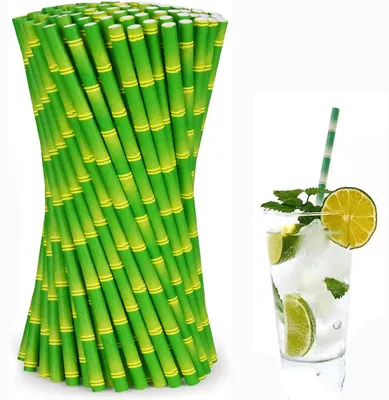 100 grüne Bambus-Papierstrohhalme, biologisch abbaubar, für Cocktails & Säfte