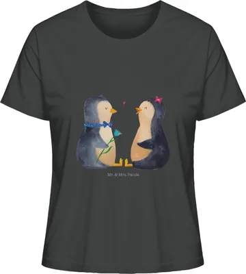 Produktbild von Mr. & Mrs. Panda Damen T-Shirt Pinguin Pärchen Größe L - Anthrazit - Geschenk, Hochzeit, Oberteil, Verknallt, Basic Shirt, Liebe, Hochzeitstag, für Frauen