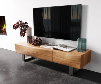 Produktbild von DELIFE Lowboard New Live-Edge 145 cm Akazie Natur 3 Türen Kufe Edelstahl gebürstet