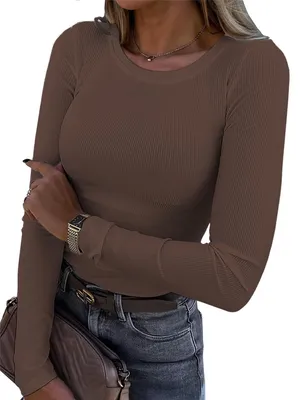Produktbild von RIROW Damen Langarmshirt Rundhals Slim Fit Rippstrick Oberteil, Kaffee, L