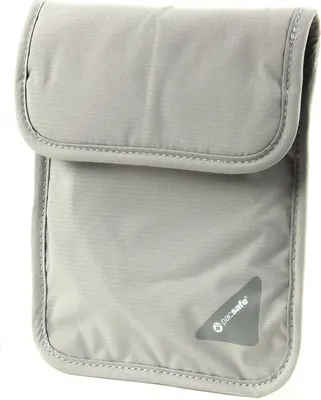 A light gray travel pouch with a flap closure and a reflective logo.