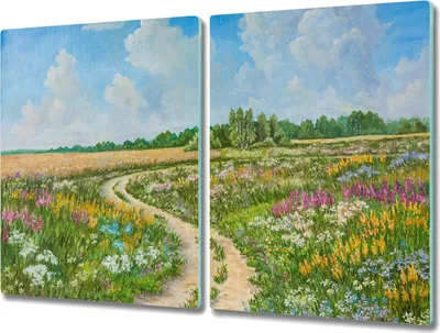 Produktbild von Coloray Herdabdeckplatte 2x40x52 cm Schneidebrett Kochplattenabdeckung Küchenbrett Hackbrett - Baum Blumen Himmel