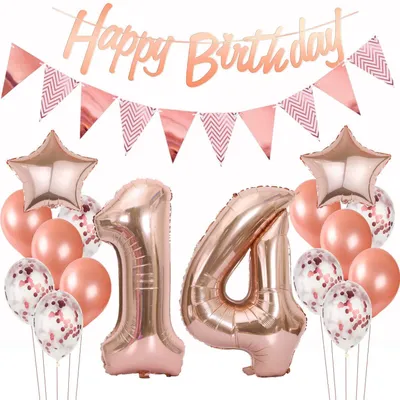 Produktbild von Deko-Set 14. Geburtstag Mädchen Roségold Luftballons Girlande Banner