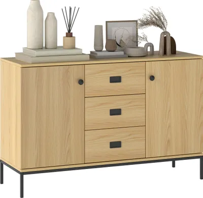 Image de HOMCOM Buffet de Cuisine Meuble de Rangement 2 placards étagère réglable 3 tiroirs Style Contemporain - 120 x 39,5 x 77 cm naturel