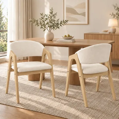 Productafbeelding van Flieks Essstoelen, set van 2, gestoffeerde stoelen met gebogen rugleuningen, keukenstoelen/woonkamermeubels met linnen bekleding, natuurlijke houtkleur
