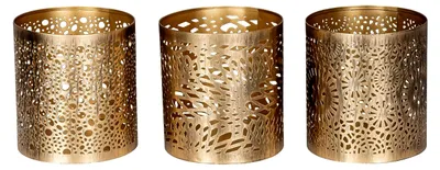 Produktbild von 3er Set Windlichter H11cm Gold Metall Teelichthalter Deko Tischdeko Orientalisch Industrial Antik