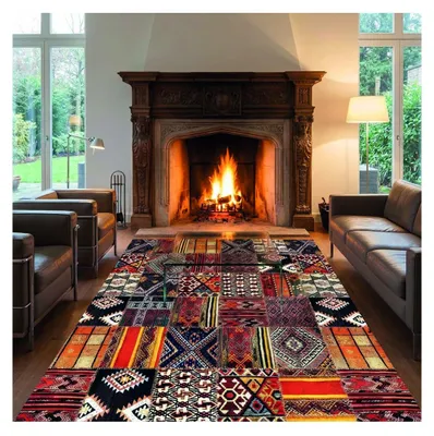 Produktbild von Patchwork-Teppich mit mehrfarbigem Kelim-Muster, Chenille & Baumwolle, Digitaldruck, rutschfest, 9 mm 120 x 160 cm